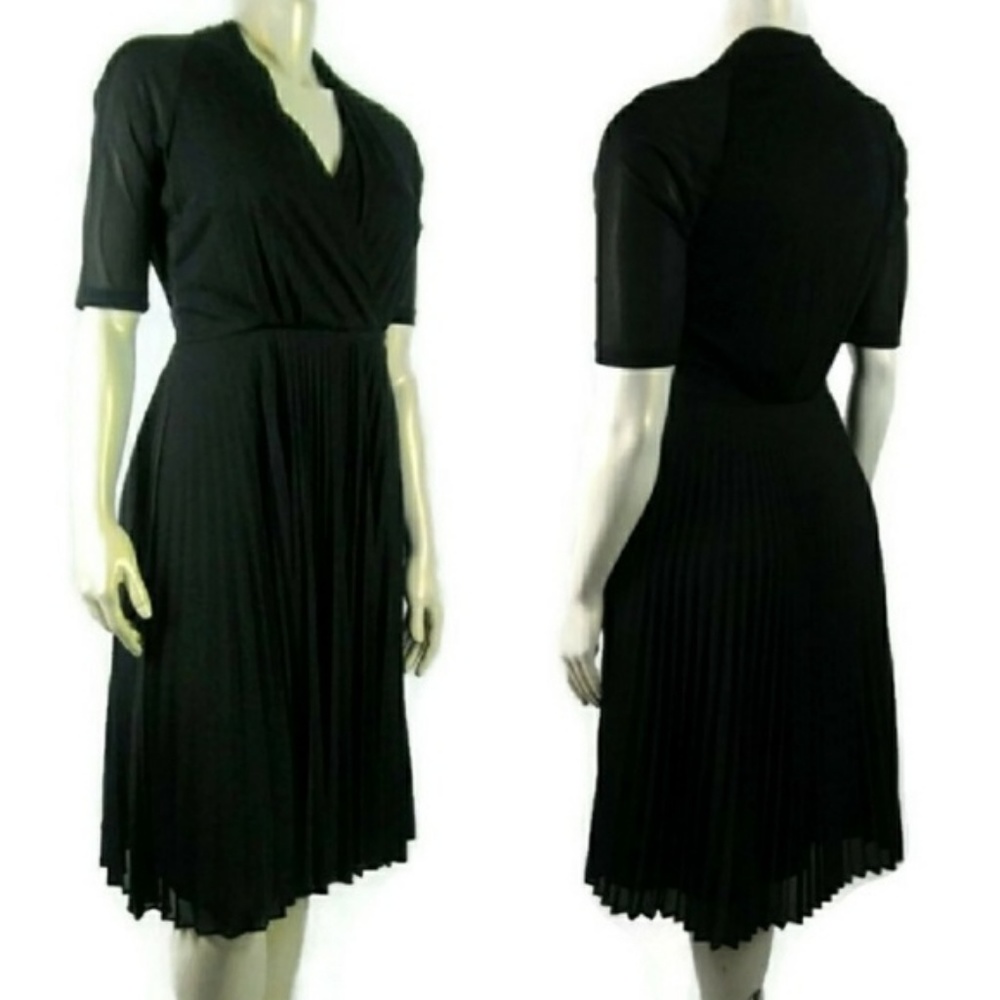 DAVID MEISTER Black Pleated Faux Wrap Dress Sz 10